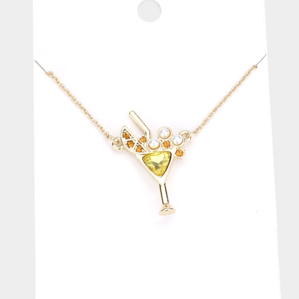 Gold Yellow Cocktail Pendant Necklace Rhinestone Pearls Statement Chain Jewelry